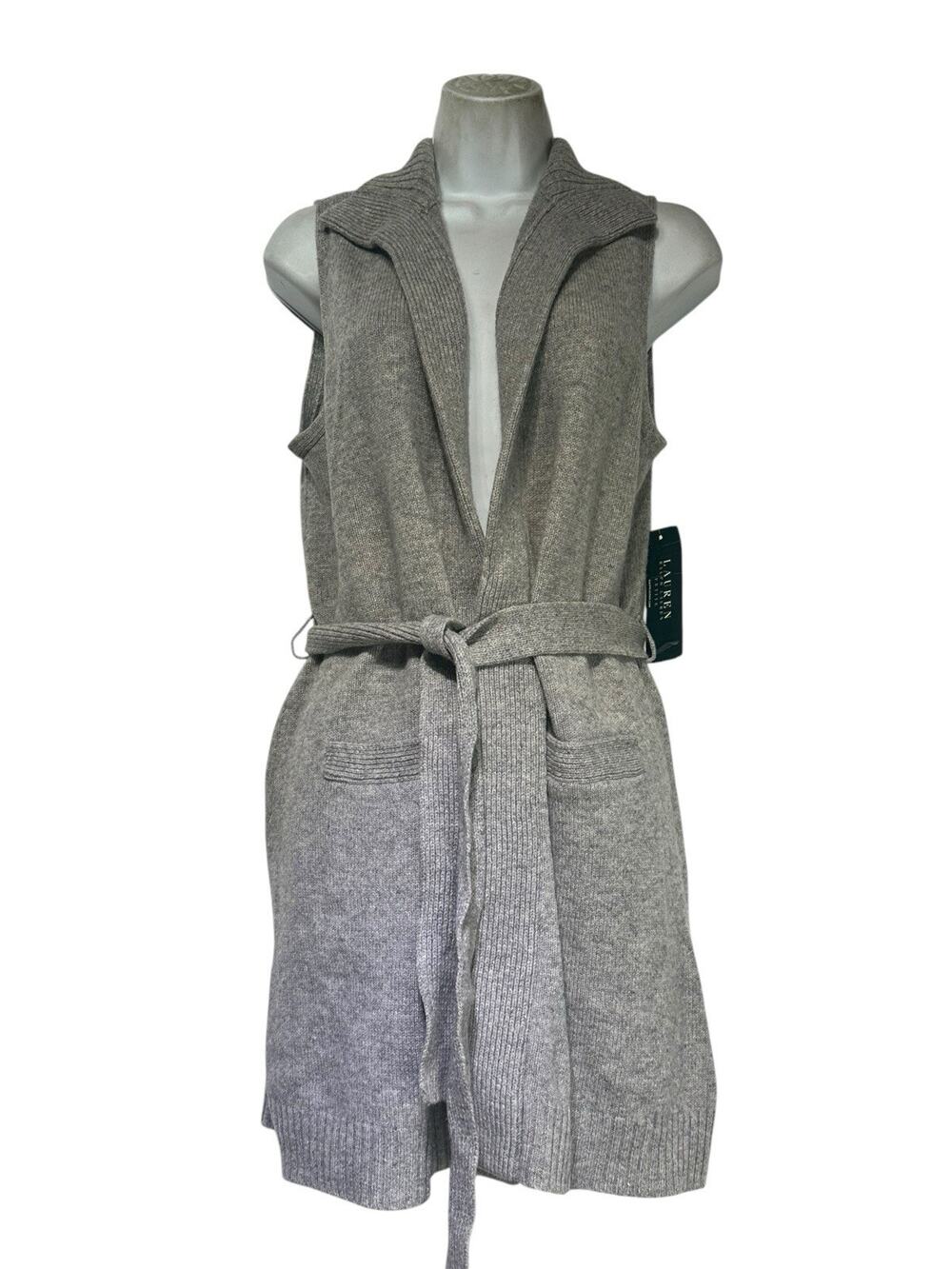 Lauren Ralph Lauren Petite P/L Gray Wool Cashmere Belted Sweater Vest